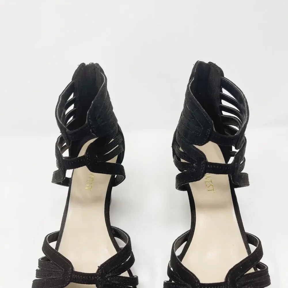 Nine West 6.5 Black Faux Suede Roseo Strappy Wedge Sandals Heeled Zip Back